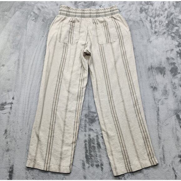 Maurices Pants Womens L Beige Striped Linen Smocked Wide Leg Flowy Casual Hippie - Picture 2 of 11